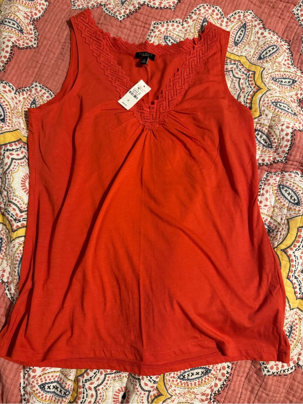 Talbots Bright Red Sleeveless V-Neck Tank with Lace Trim
